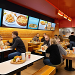 해외마케팅 성공 사례 분석 - **Prompt:** A bustling, modern fast-food restaurant interior in a contemporary Russian city. The spa...