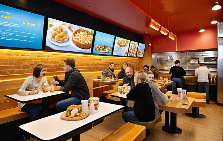 해외마케팅 성공 사례 분석 - **Prompt:** A bustling, modern fast-food restaurant interior in a contemporary Russian city. The spa...