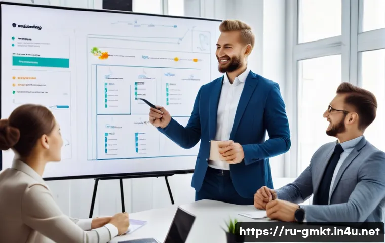 해외마케팅 글로벌 캠페인 성공 스토리 - A group of modern Russian marketing professionals, diverse in age and gender, enthusiastically brain...