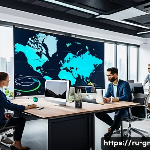 Home 31 해외마케팅 분야에서의 AI 활용법 - A diverse group of international marketing professionals collaborating in a modern office, surrounde...