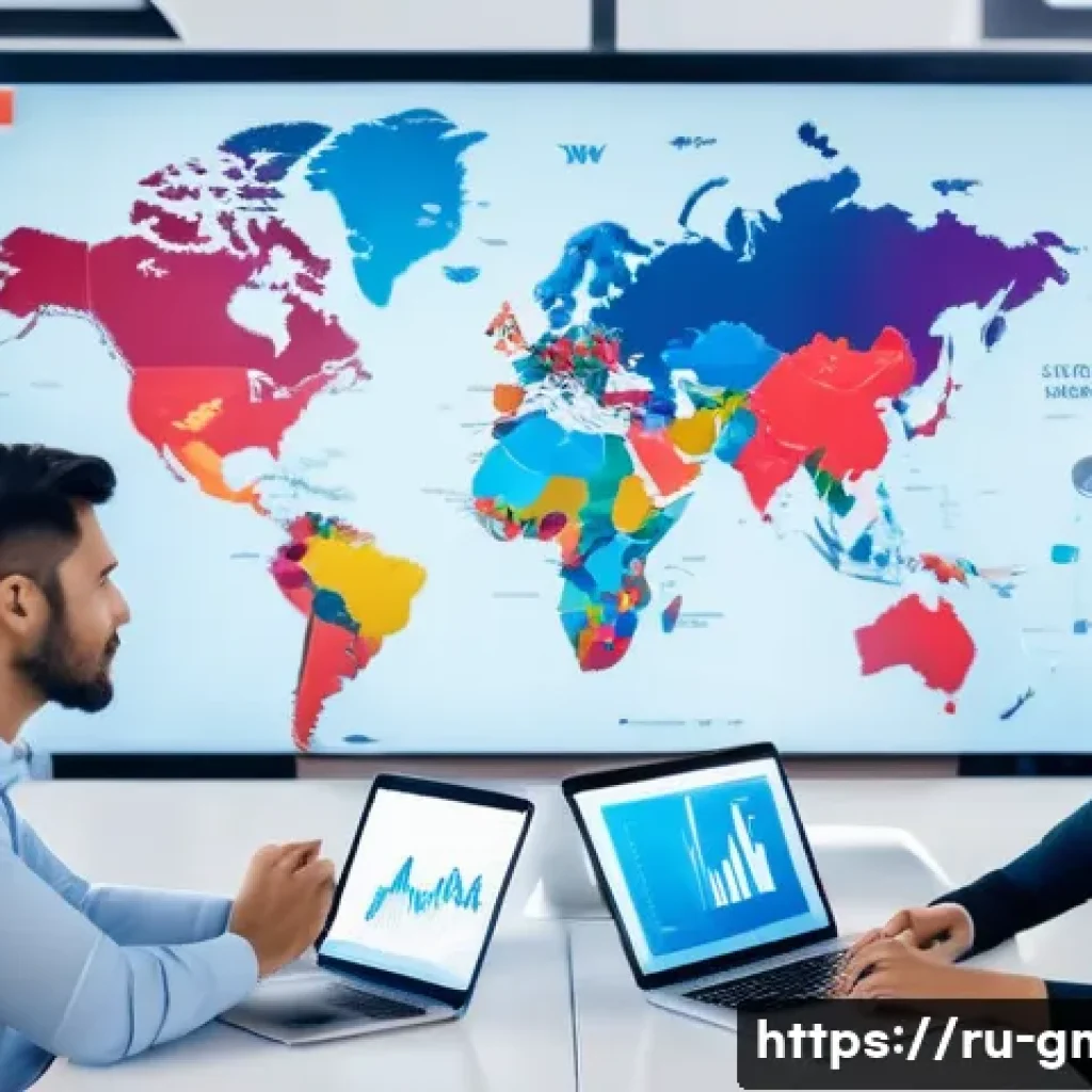 해외마케팅 경력 10년 차의 조언 - A professional international marketing team meeting in a modern office with a large digital world ma...