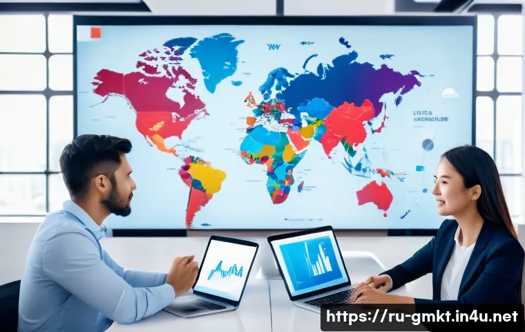 해외마케팅 경력 10년 차의 조언 - A professional international marketing team meeting in a modern office with a large digital world ma...