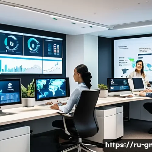 Home 17 해외마케팅 분야 채용 시장 분석 - A professional international marketing team collaborating in a modern office with diverse cultural b...