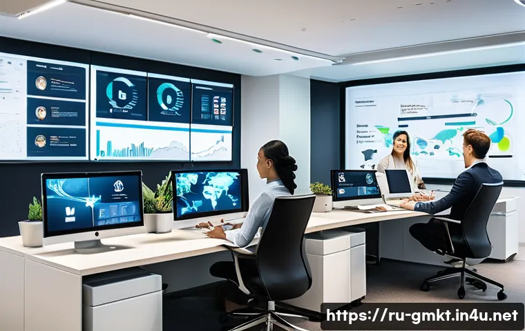 해외마케팅 분야 채용 시장 분석 - A professional international marketing team collaborating in a modern office with diverse cultural b...