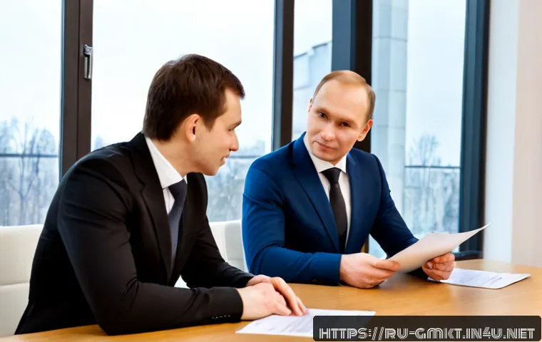 Home 17 해외마케팅 계약 협상 팁 - Photorealistic international contract negotiation in a modern Moscow business office, a Russian mark...
