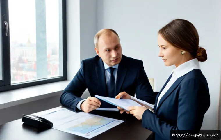 Home 17 해외마케팅 직업 윤리와 규정 - Photorealistic international marketing ethics meeting in a modern Moscow office, diverse Russian and...